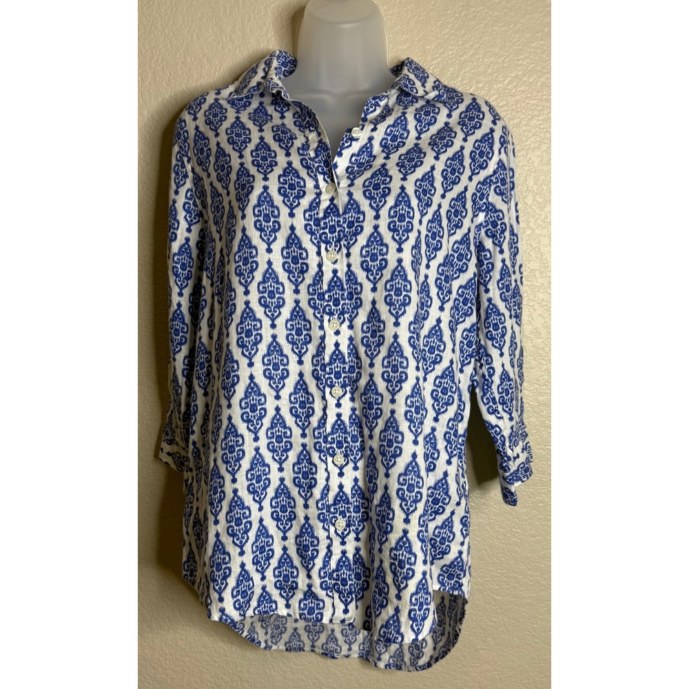 Chicos 0 US S Shirt Blue White Ikat Damask No Iron 100% Linen 3/4 Sleeve Tunic‎